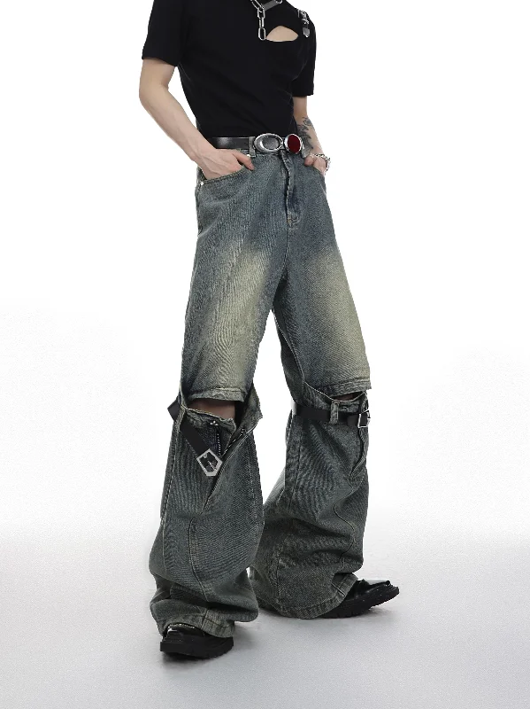 Washed Knee Buckle Belt Jeans