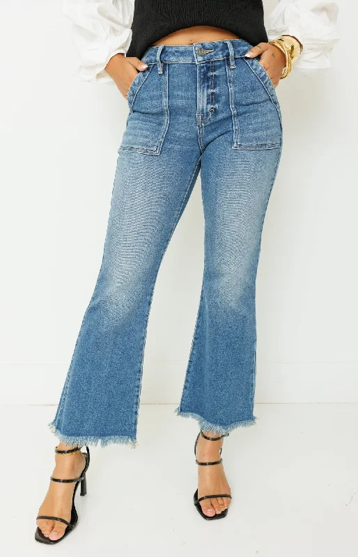 HIDDEN: Happi Cargo Cropped Flare Jeans, MEDIUM DARK