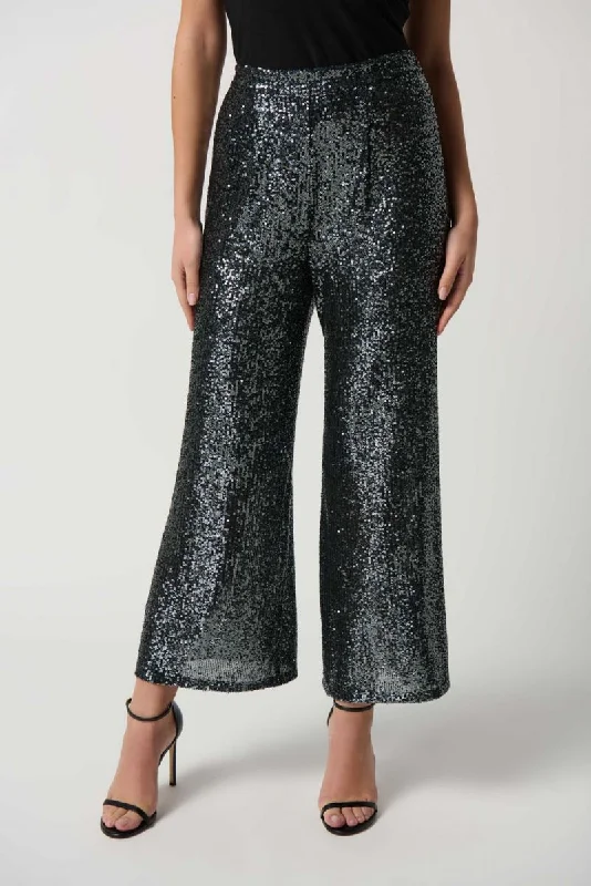 Joseph Ribkoff Black/Gunmetal Sequined Pull On Cropped Wide Leg Pants 234215