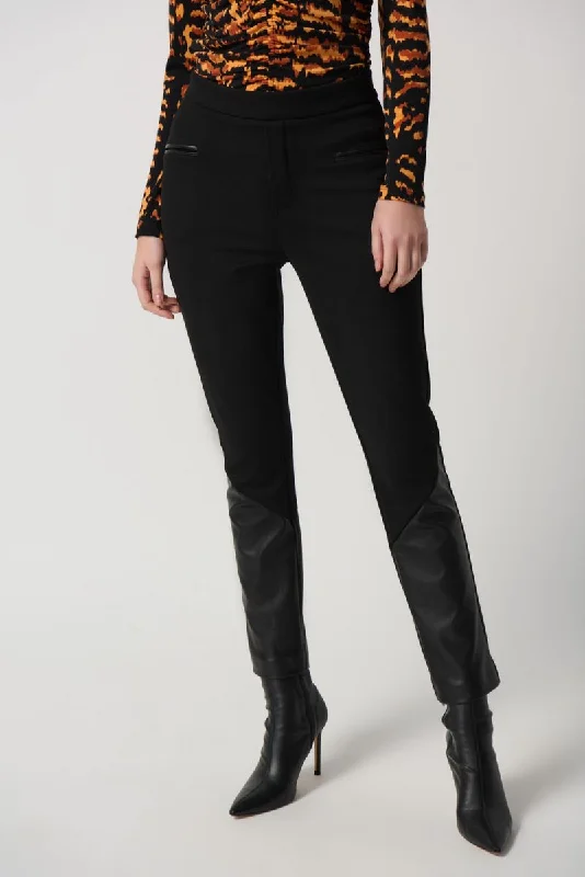 Joseph Ribkoff Black Knit Faux Leather Pull On Slim Ankle Pants 234036