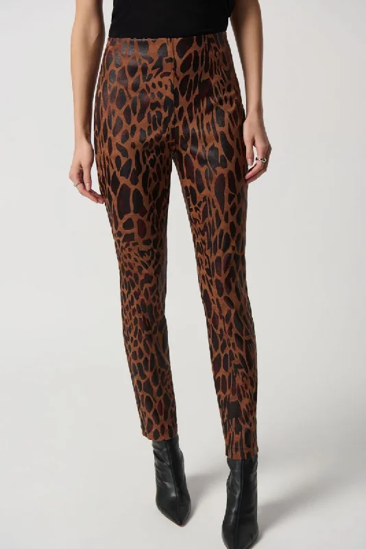 Joseph Ribkoff Toffee/Black Animal Print Faux Suede Pull On Slim Straight Ankle Pants 234283