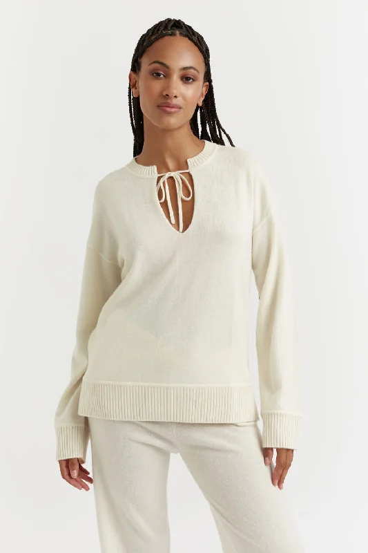 Cream Cashmere Tie Neck Sweater