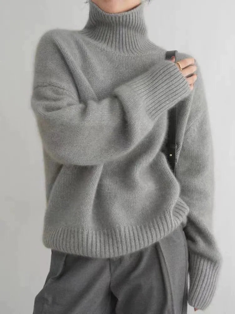 Elegant Solid Color Turtleneck Knitted Women Casual Long Sleeve Loose Sweater