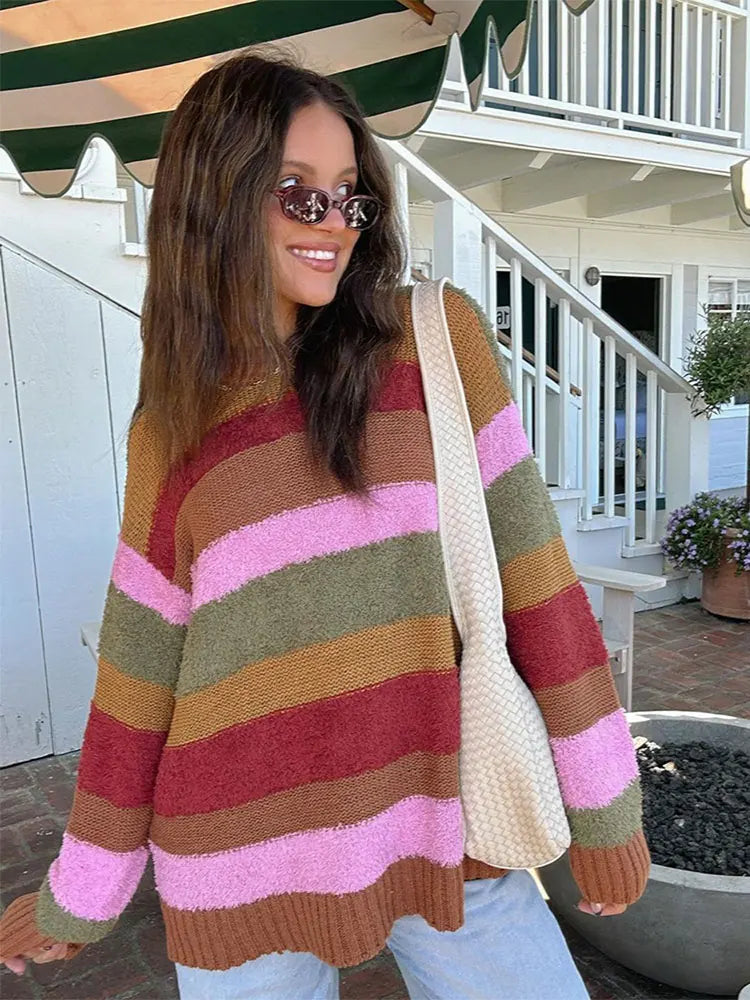 Elegant Sweet Colorful Striped Loose Knitted Women Casual O Neck Long Sleeve Sweater