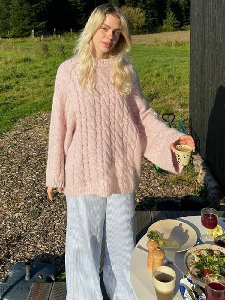 Elegant Sweet Pink Round Neck Knitted Women Casual Long Sleeve Loose Warm Sweater