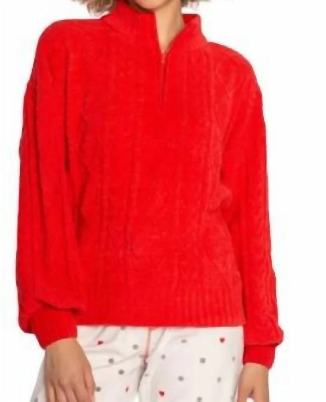 Festive Cable Knit Quarter Zip In Scarlet