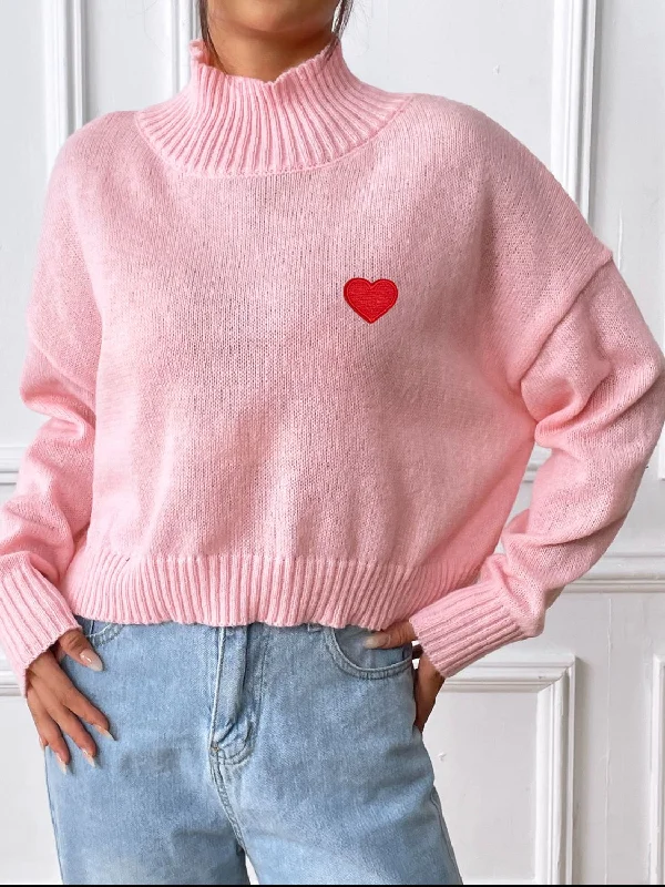 Heart Turtleneck Long Sleeve Sweater