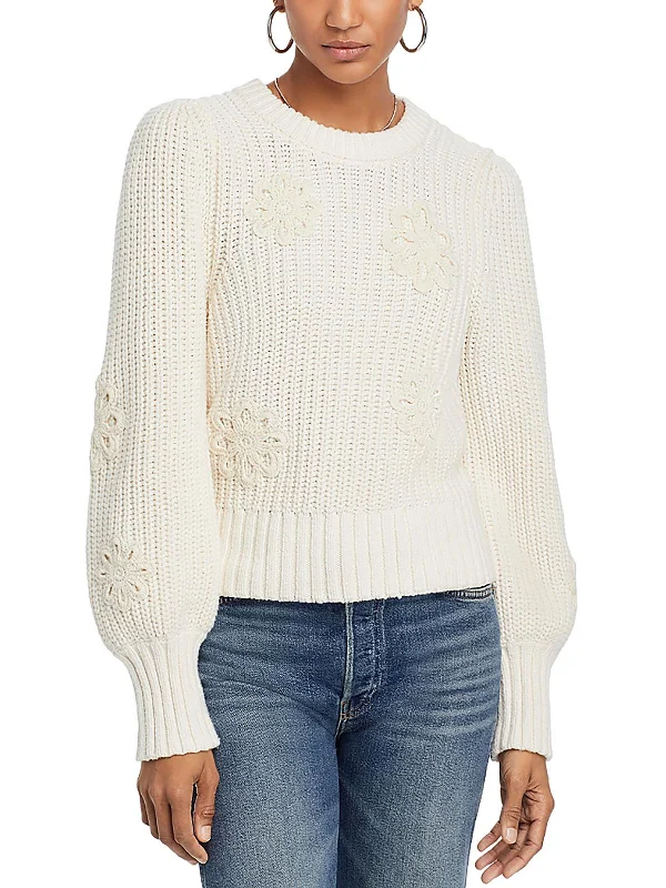 Romy Womens Crochet Cable Knit Crewneck Sweater