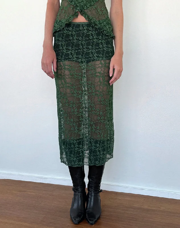 Diri Unlined Midi Skirt in Sage Canina Rose Lace