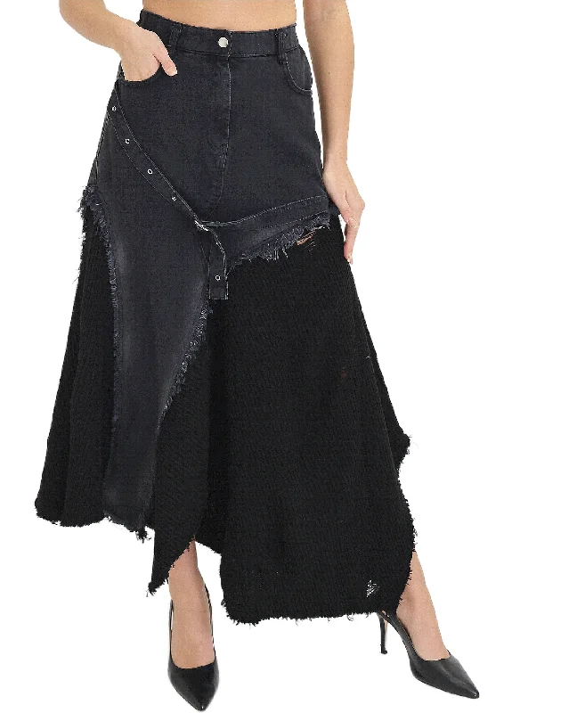 Frayed Denim & Knit Maxi Skirt