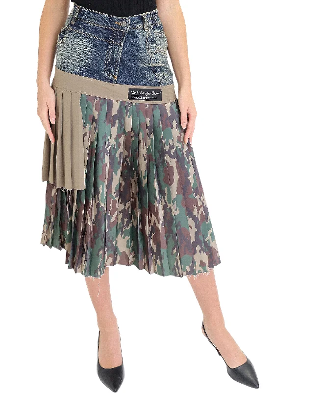 Pleated Camo Print Skirt w/ Denim Trim