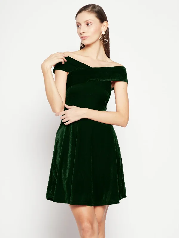 Off Shoulder Stretchable Velvet Skater Dress