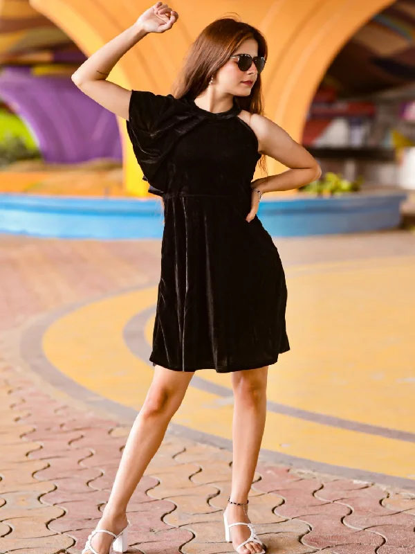 Ruffle Detail Stretchable Velvet Skater Dress