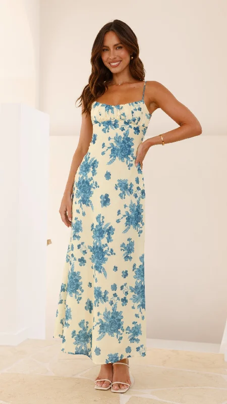 Margie Midi Dress - Yellow / Blue Floral