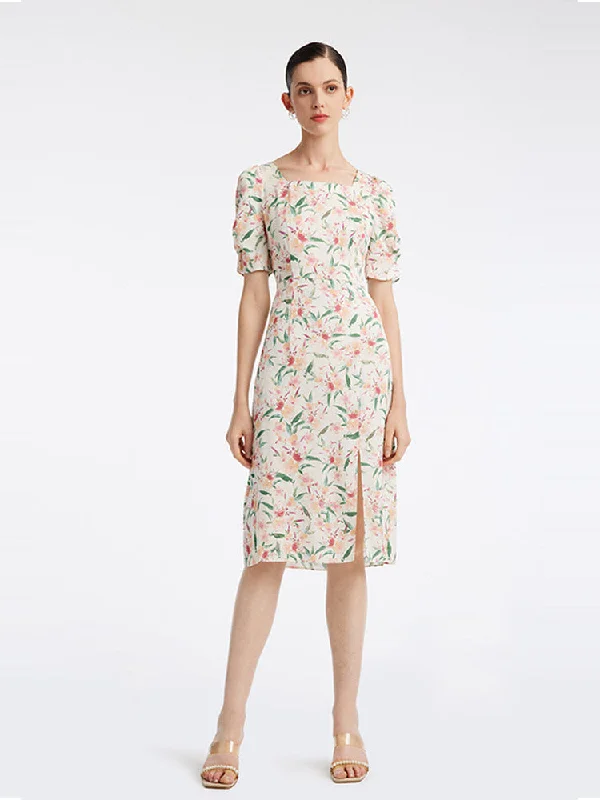 19 Momme Silk Floral Square Neck Midi Dress