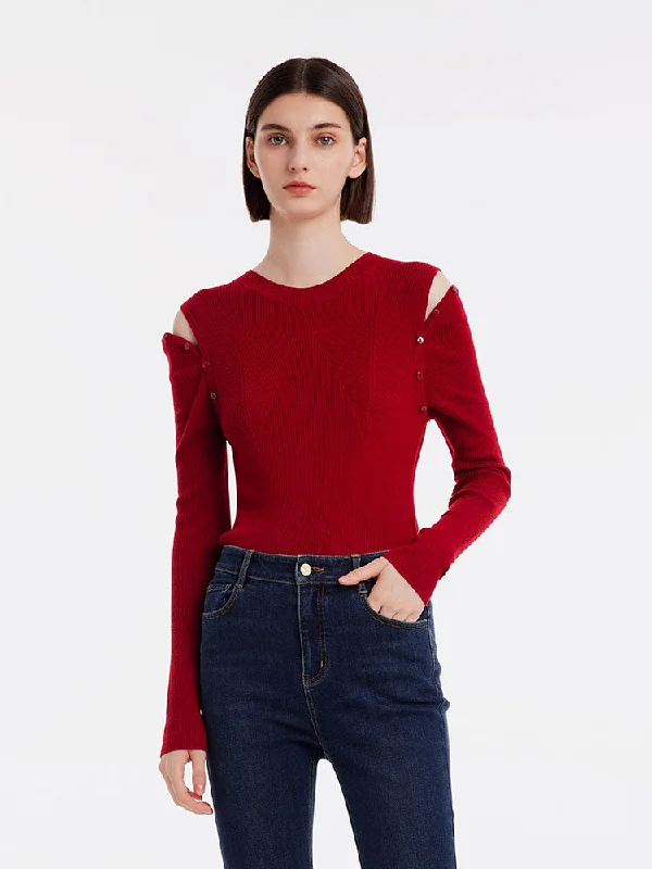 Detachable Sleeve Woolen Round Neck Women Sweater