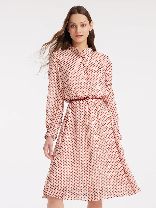 Gathered Waist Polka Dots Ruffle Midi Dress