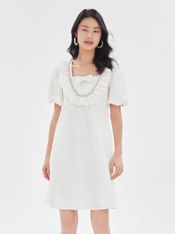 White Jacquard Bowknot Ruffle Mini Dress