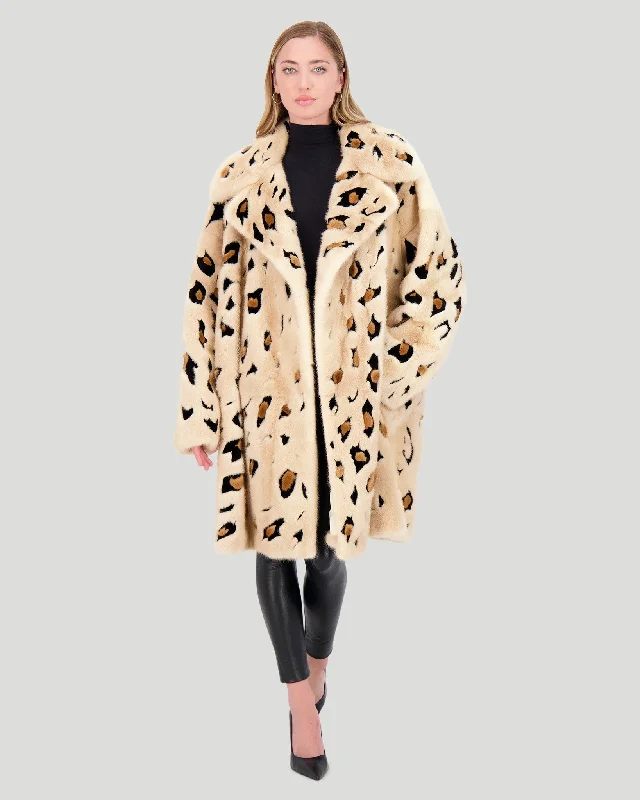 Mink Short Coat with Cheeta Print Intarsia