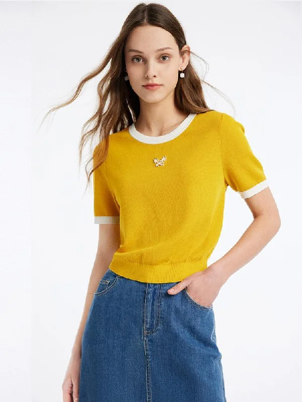 Yellow Round Neck Mulberry Silk Women Knit Top