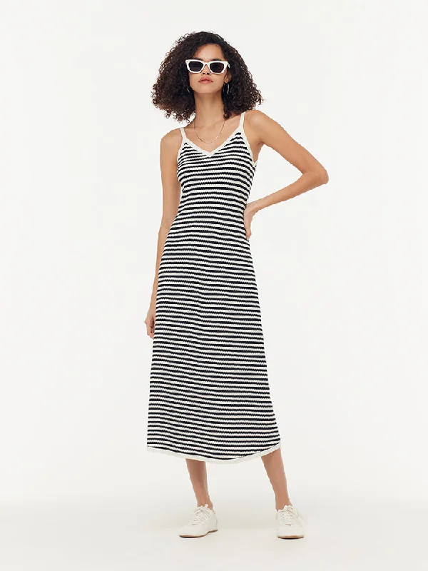 Tencel Beige And Black Stripe Women Knit Strap Maxi Dress