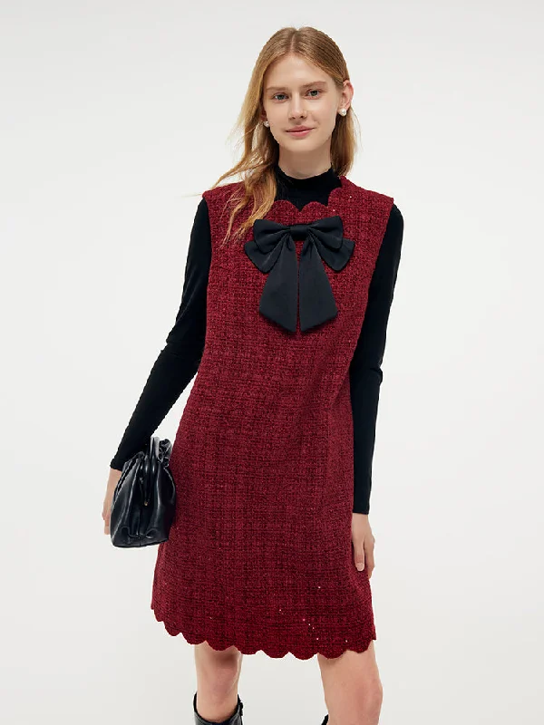 Tweed Sequins Mini Dress And Knit Top Two-Piece Set With Detachable Bowknot