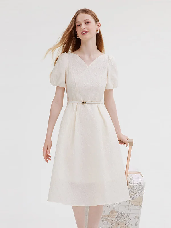 V-Neck Jacquard Midi Dress With Belt