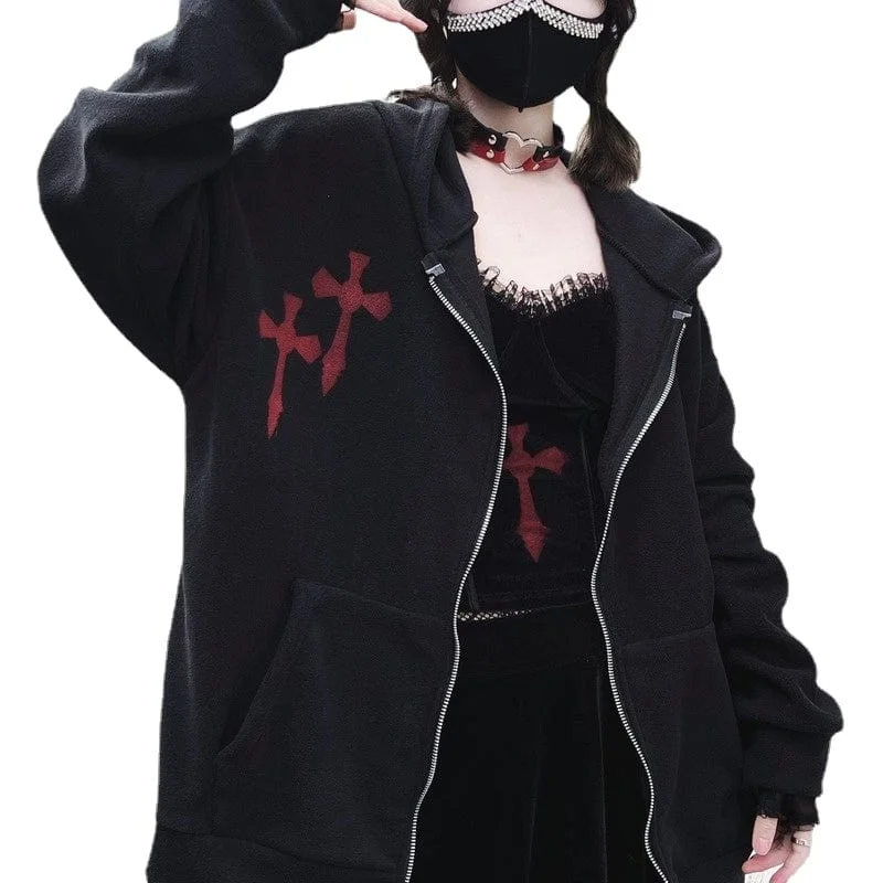 Women's Punk Cross Printed Coat with Hood