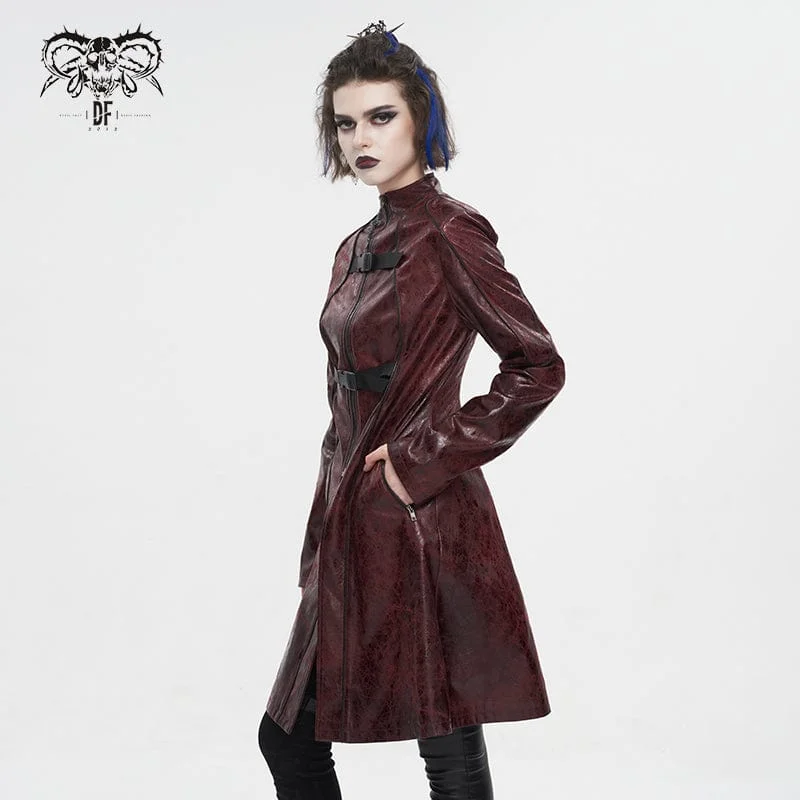 Women's Punk Double-buckle Faux Leather Coat Red