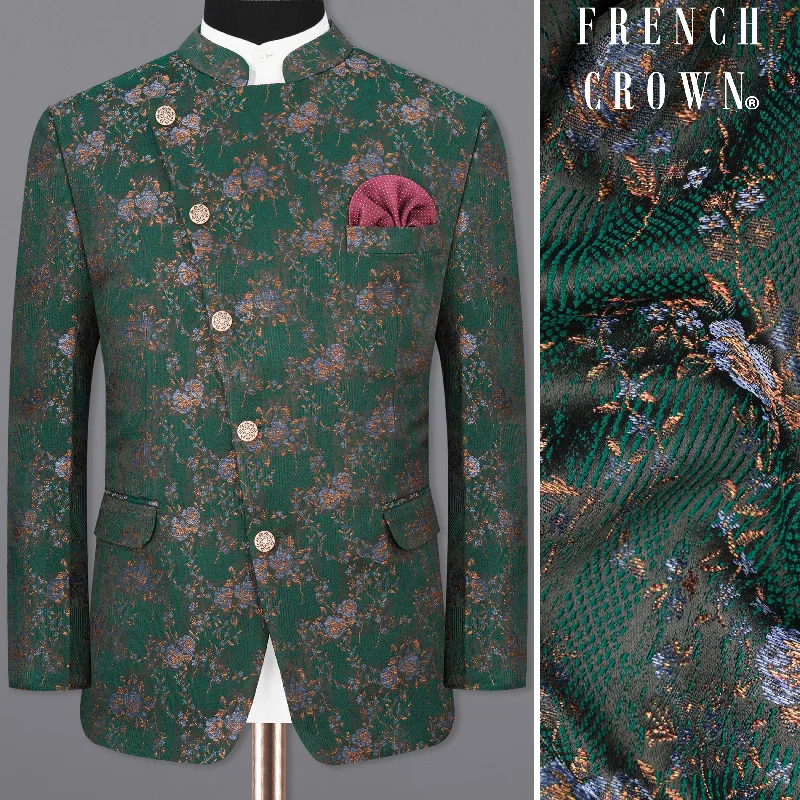 Everglade Green Floral Textured Cross Placket Bandhgala Designer Blazer