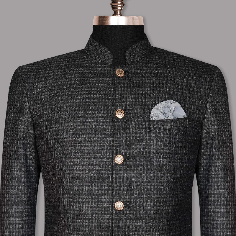 Jade Black with Charcoal checked Bandhgala/Mandarin Blazer