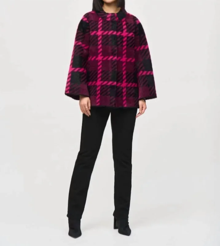 Plaid Knit Coat In Pink Punch