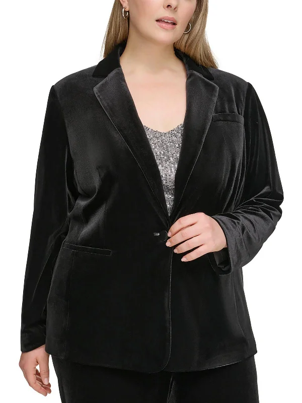 Plus Womens Collar Velvet One-Button Blazer