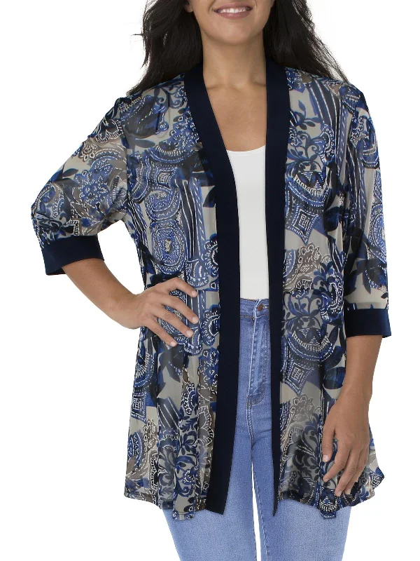 Plus Womens Mesh Printed Duster Blazer