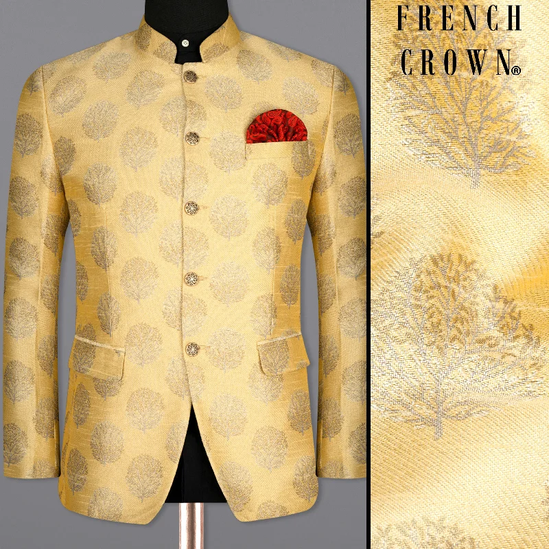 Turmeric Yellow Trees Printed Bandhgala Designer Blazer