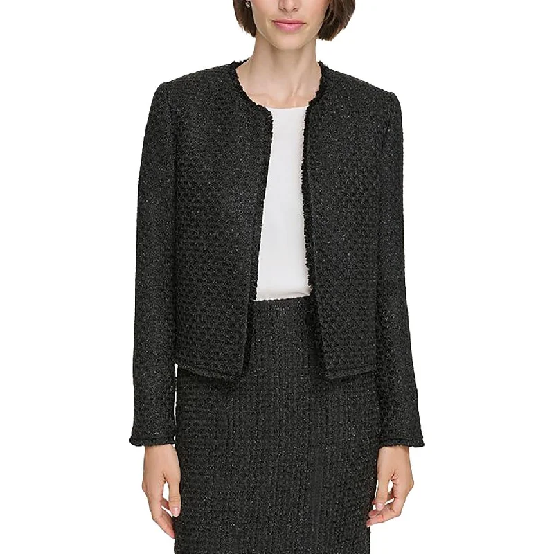 Womens Tweed Fringe Open-Front Blazer