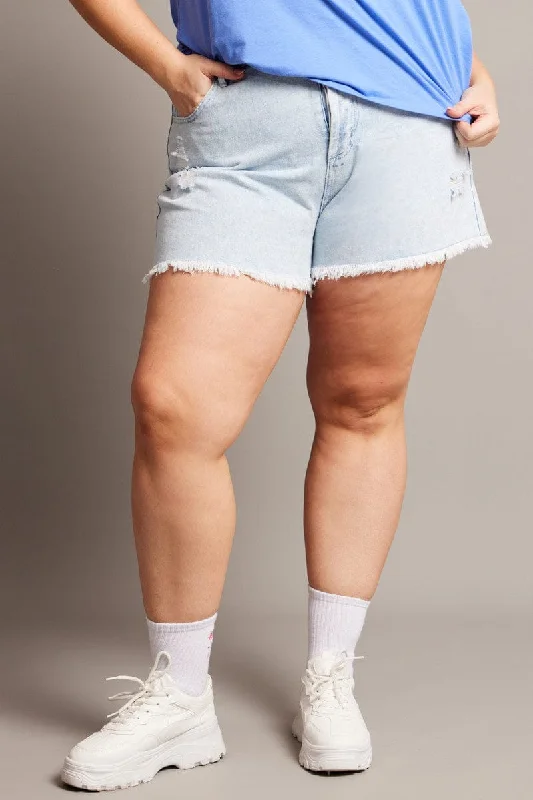 Denim Relaxed Shorts High Rise Distressed Hem