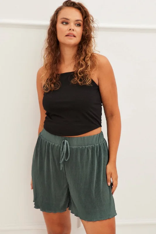 Green High Rise Plisse Elastic Waist Shorts