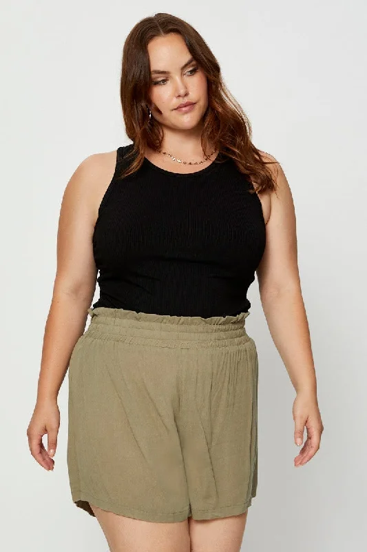 Green Shorts High Rise Shirred Waist